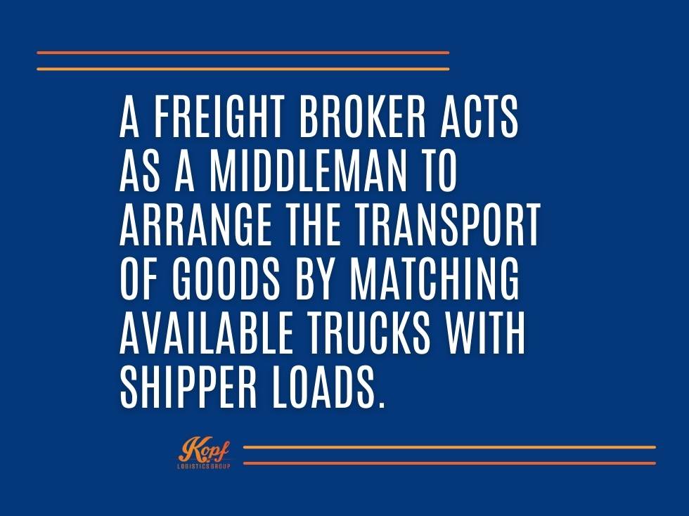 a freight broker acts as a middleman to arrange the transport of goods by matching available trucks with shipper loads